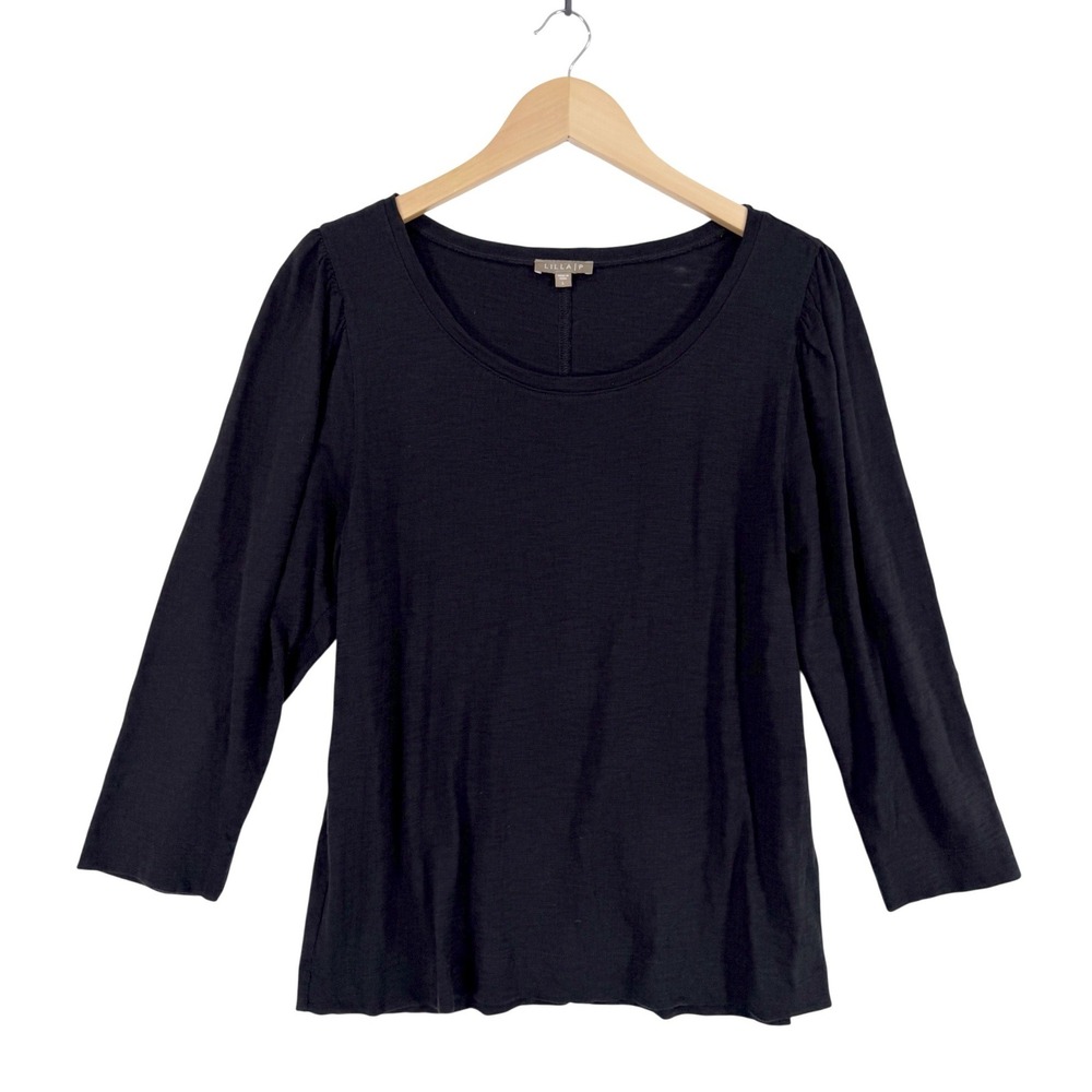 Lilla P Top Women Large Black 3/4 Puff Sleeve Scoop Neck Slub Cotton Tee